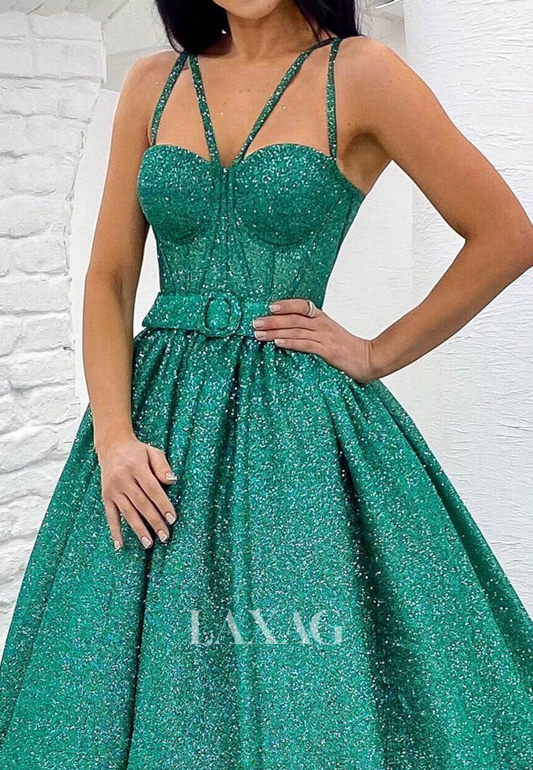 Sweetheart Spaghetti Straps Sleeveless A-Line Prom Dress Glitter-Tulle Pleated Party Gowns