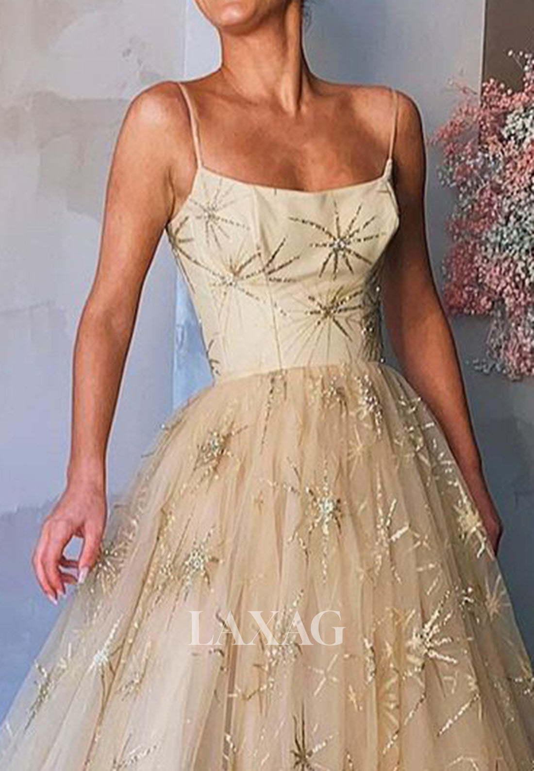 Scoop-Neck Spaghetti Straps Sleeveless Sequined Pleated Tulle A-line Long Prom Dress