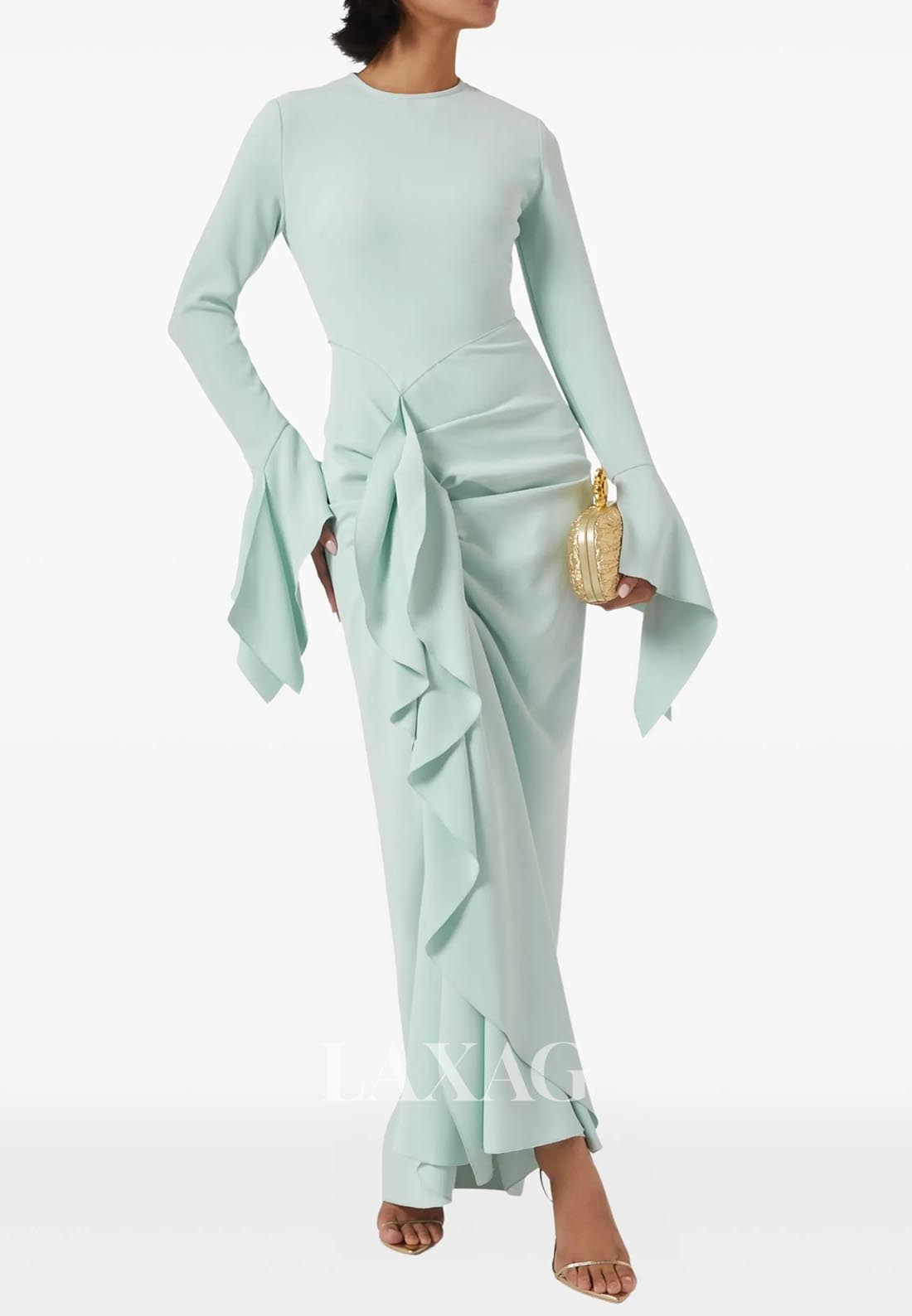 Scoop-Neck Long-Sleeves Ankle-Length Mermaid Evening Dress Pleated Satin Formal Gowns