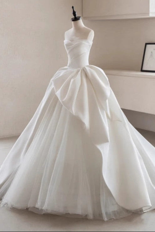 Tube Top Off-Shoulder Sleeveless Floor-Length Satin&Tulle Pleated A-Line Wedding Dress