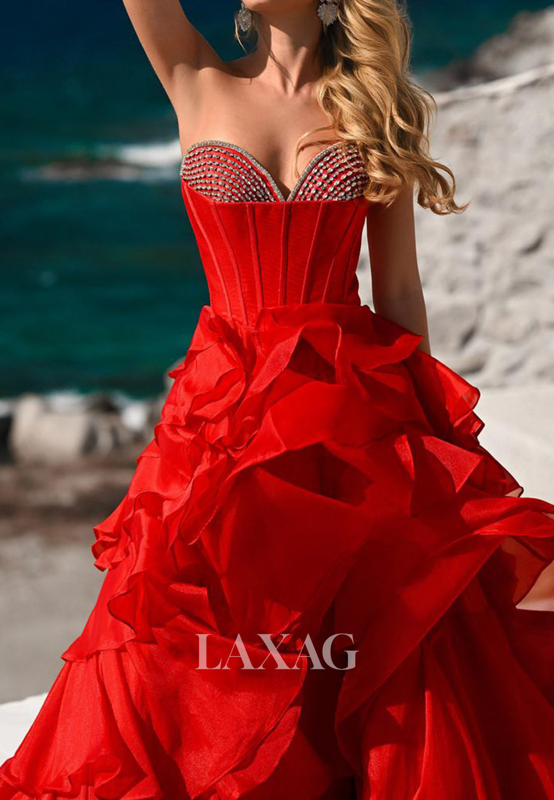 Sweetheart Off-Shoulder Sleeveless Beaded Pleated Chiffon Tiered A-Line Prom Dress with High Slit