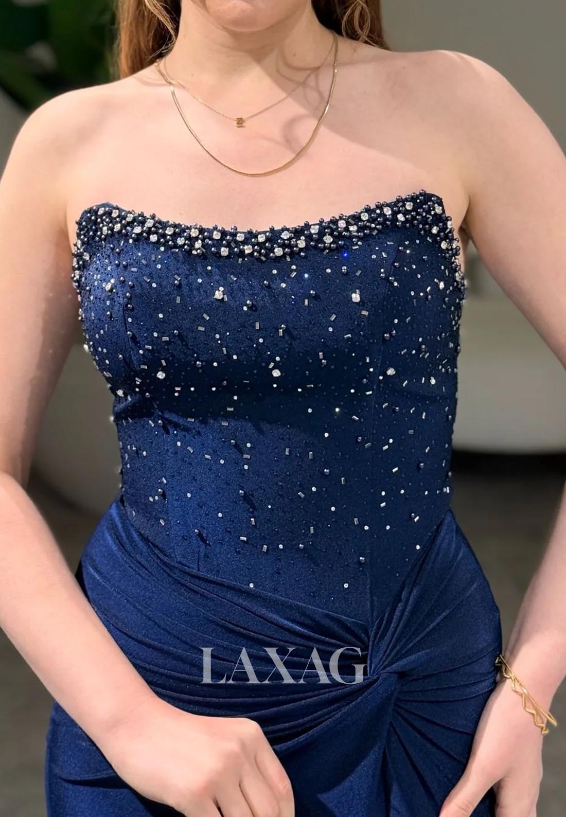 Tube Top Sleeveless Pleated Satin Formal Gowns Off-Shoulder Beaded Mermaid Evening Dress