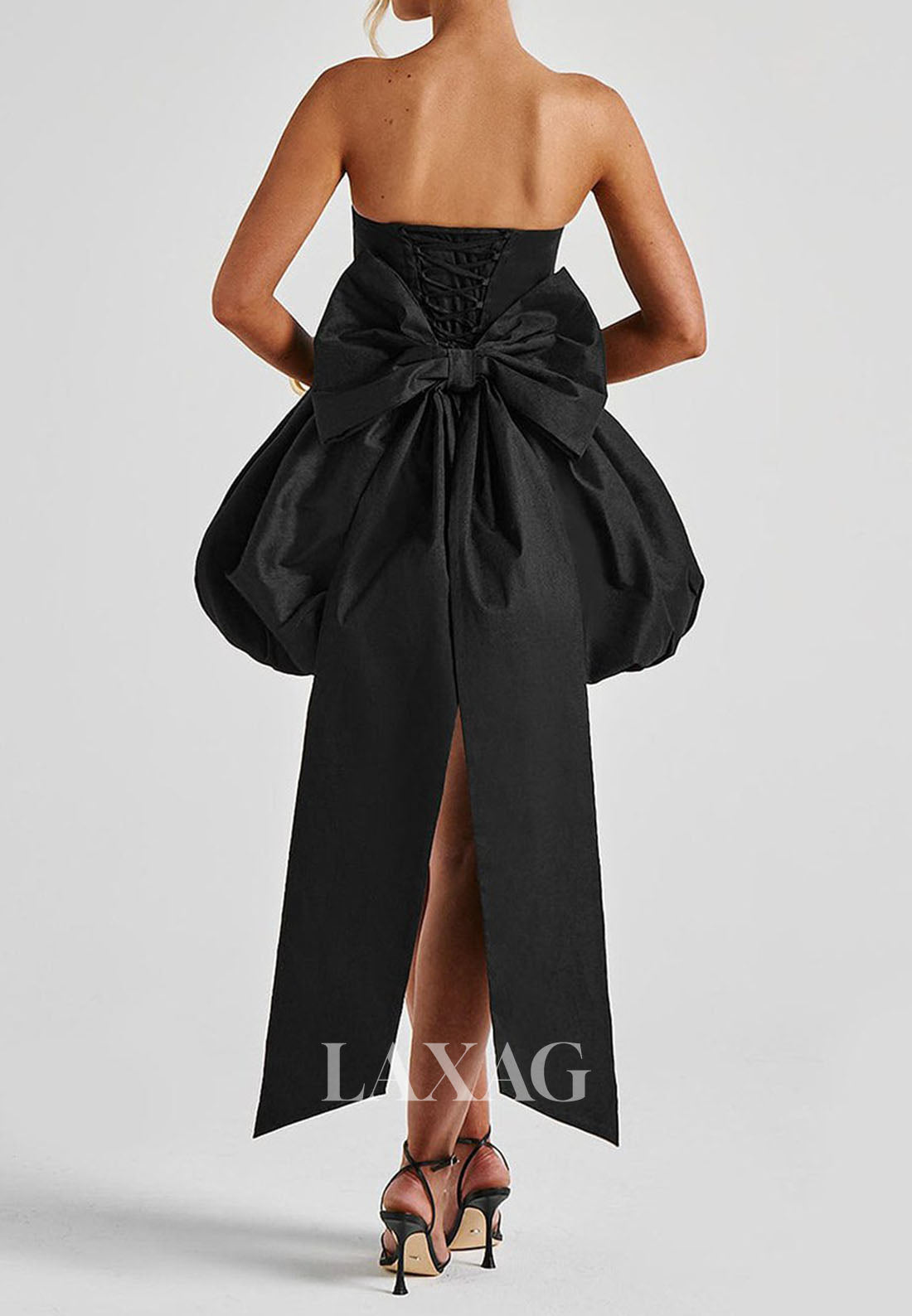 Off-Shoulder Tube Top Sleeveless Pleated Satin A-Line Party Homecoming Dress with Big Bow