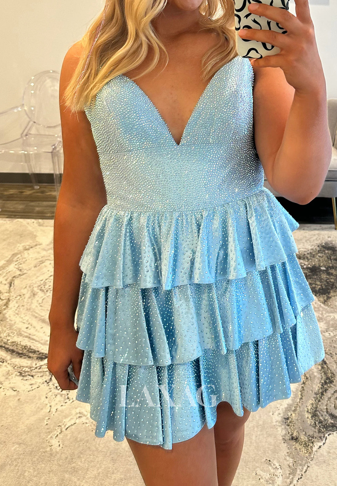 V-Neck Spaghetti Straps Fully Beaded Pleated Satin Tiered A-Line Party Homecoming Dress