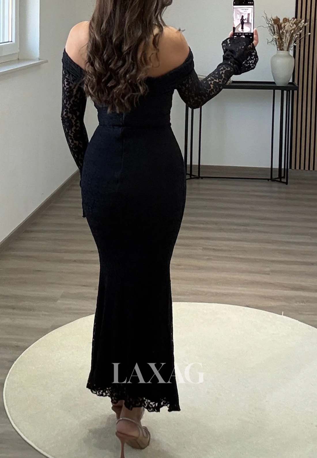 Tube Top Allover Lace Ankle-Length Formal Gowns Long-Sleeves Pleated Mermaid Evening Dress