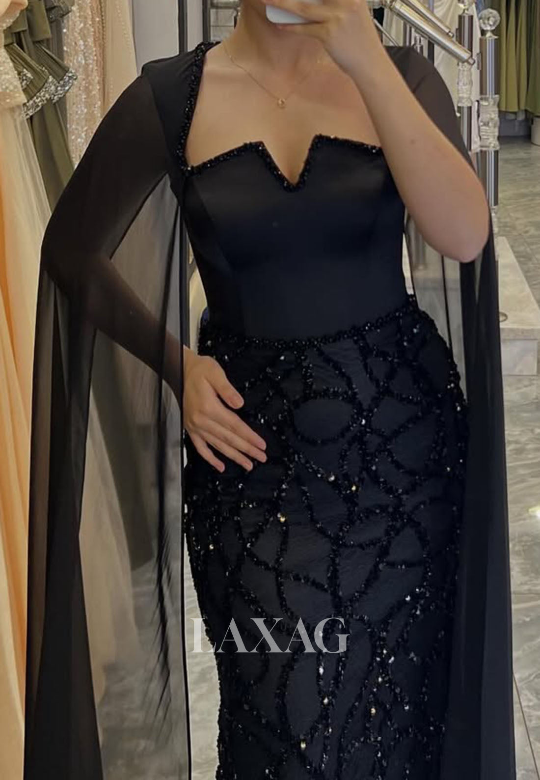 Square-Neck Cape-Sleeves Mermaid Evening Dress Sequined Beaded Chiffon Floor-Length Formal Gowns