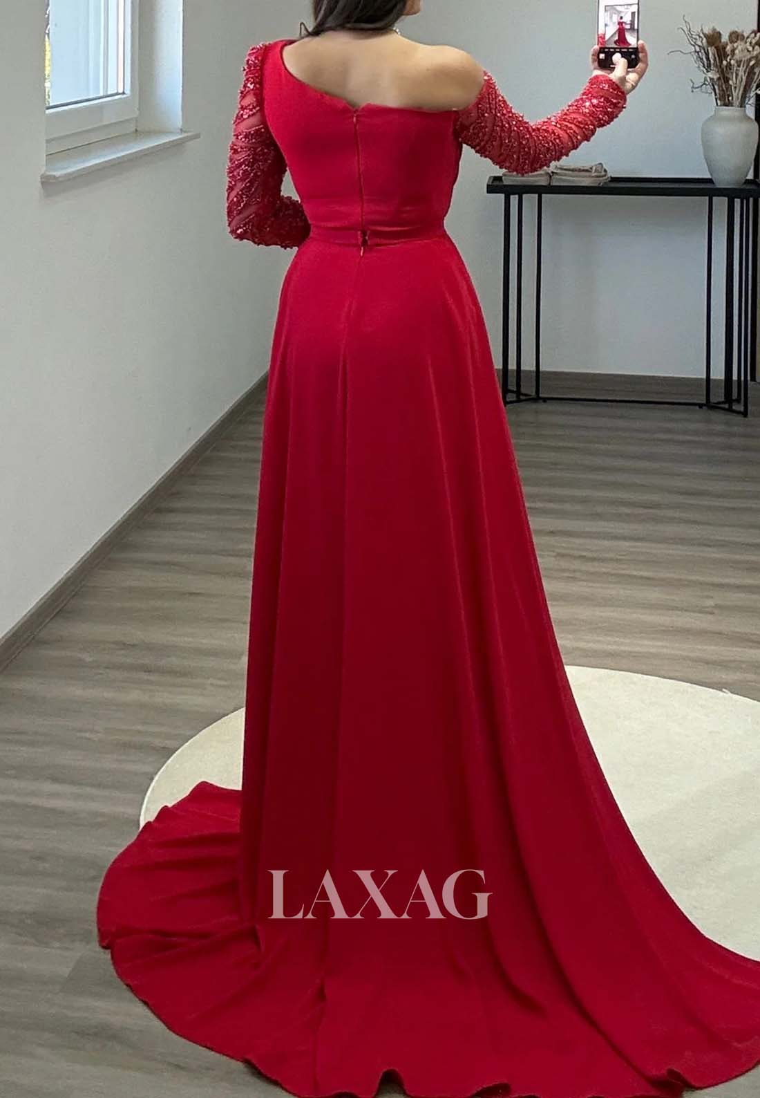 فستان سهرة حورية البحر بأكمام طويلة ورقبة غير متماثلة، فساتين رسمية مزينة بالخرز ومزينة بثنيات من الساتان