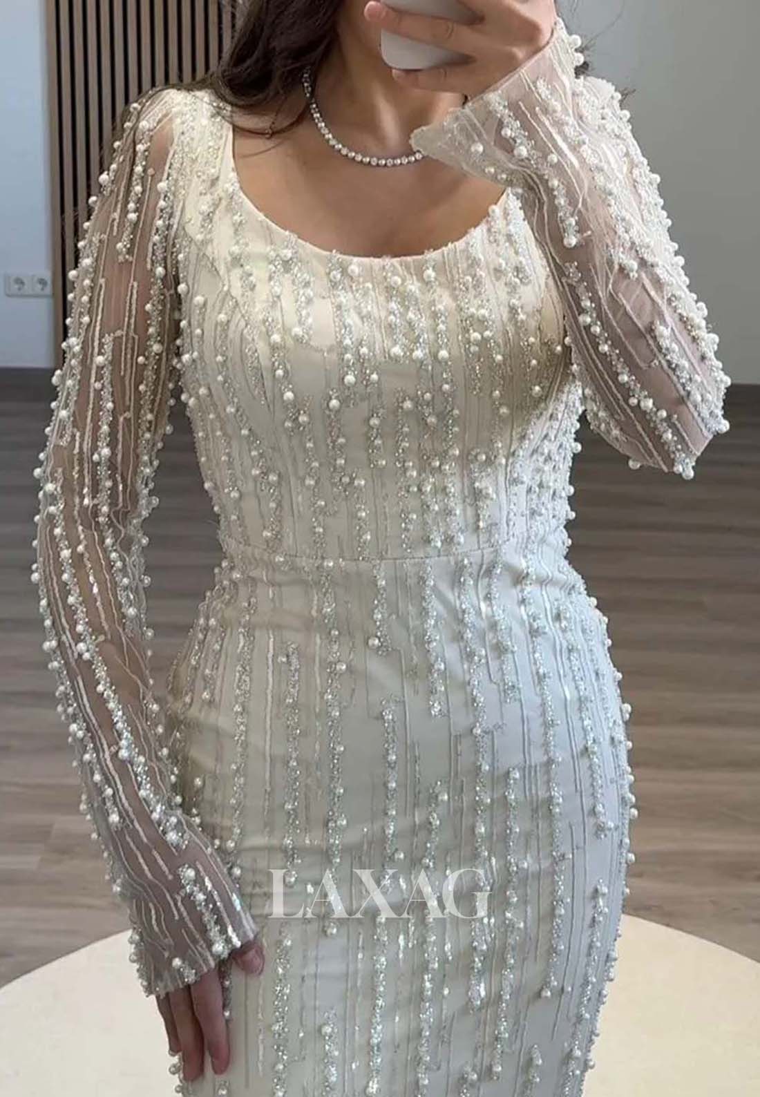 Scoop-Neck Long-Sleeves Formal Gowns Beaded Pleated Mermaid Evening Dress with Tulle Train