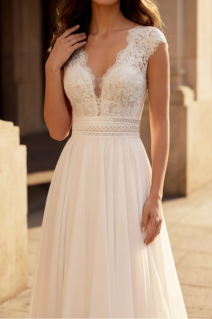 Deep V-Neck Straps Sleeveless Applique Lace&Chiffon Pleated A-Line Wedding Dress