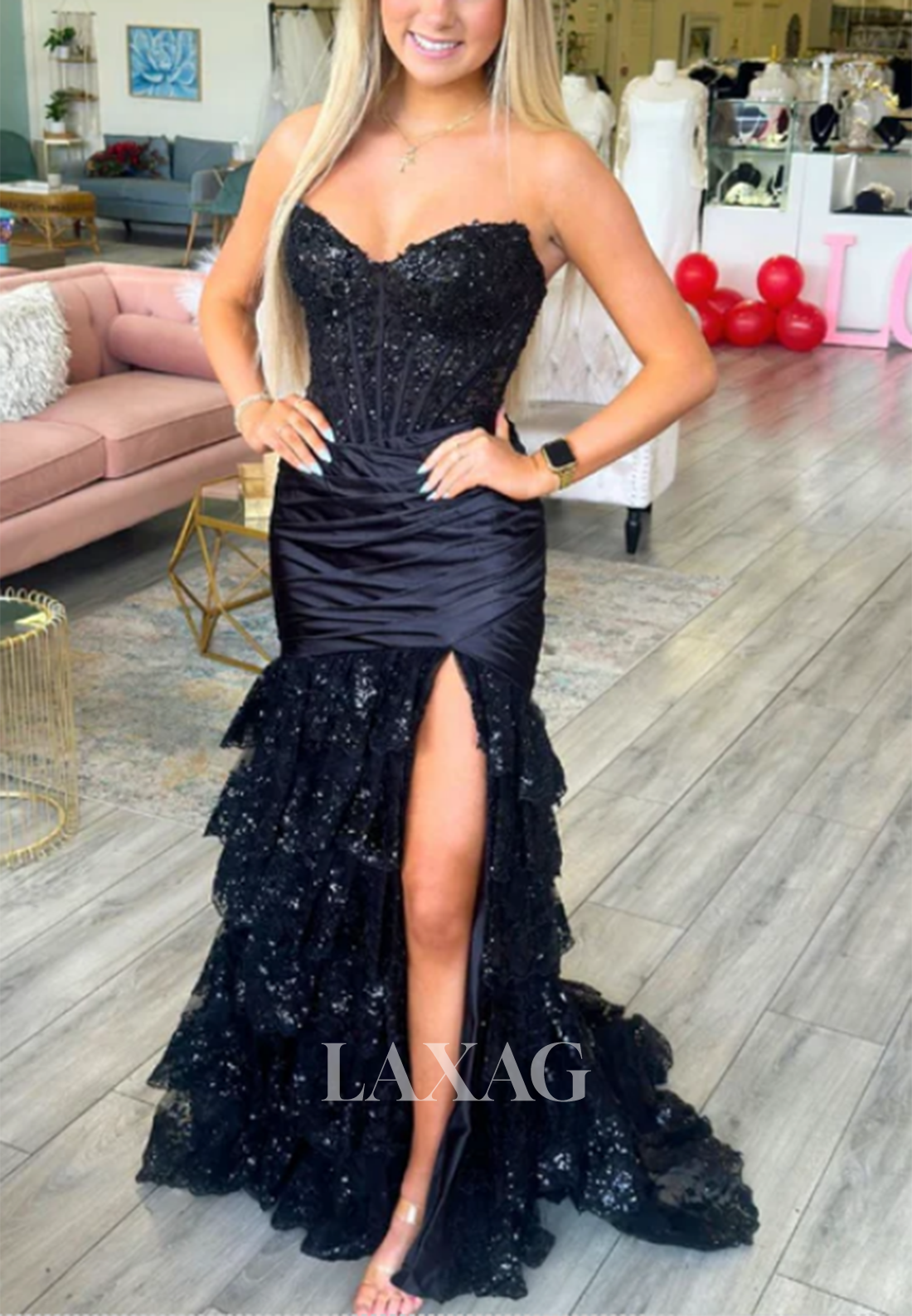 Scoop-Neck Off-Shoulder Sleeveless Glitter Applique Beaded Pleated Tiered Mermaid Prom Dress with Slit