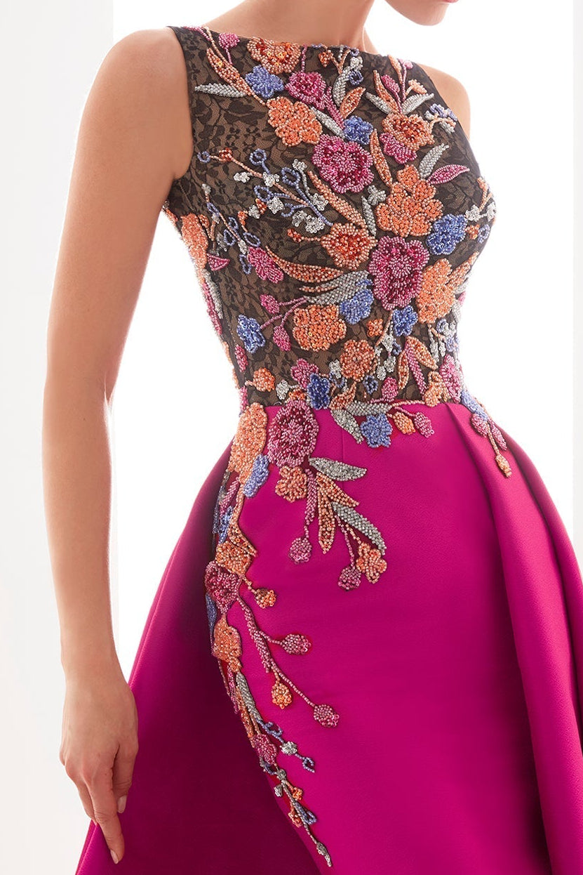 Scoop-Neck Sleeveless Sequined Beaded Satin Pleated A-Line Mother of the Bride Dress