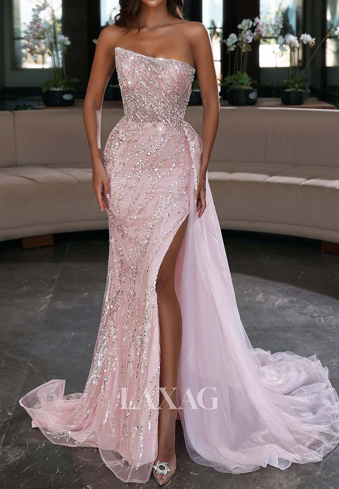 Asymmetrical-Neck Off-Shoulder Sleeveless Mermaid Prom Dress Fully Sequined Tulle Party Gowns