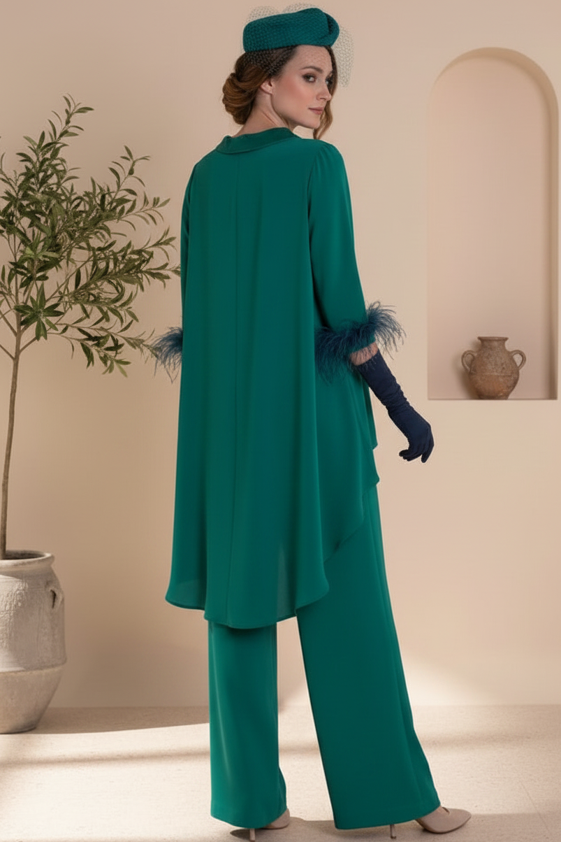 Scoop-Neck 3/4-Sleeves Feathered Chiffon Pleated Fitted Mother of the Bride Jumpsuit