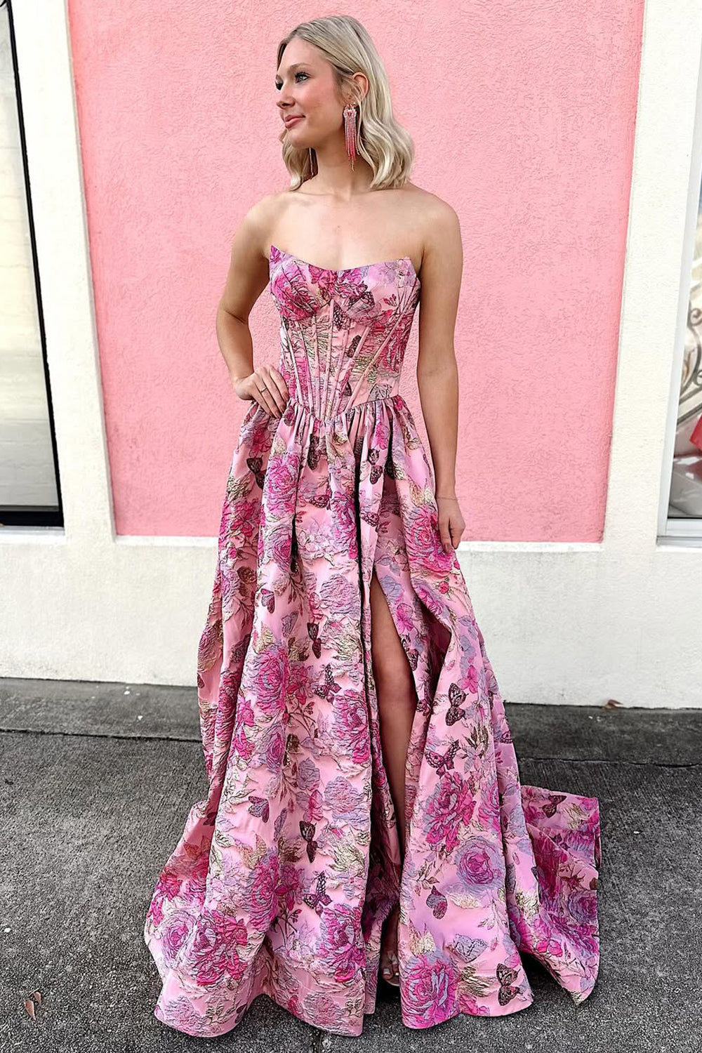 Scoop-Neck Off-Shoulder Sequined Applique Satin A-Line Prom Dress with High Slit