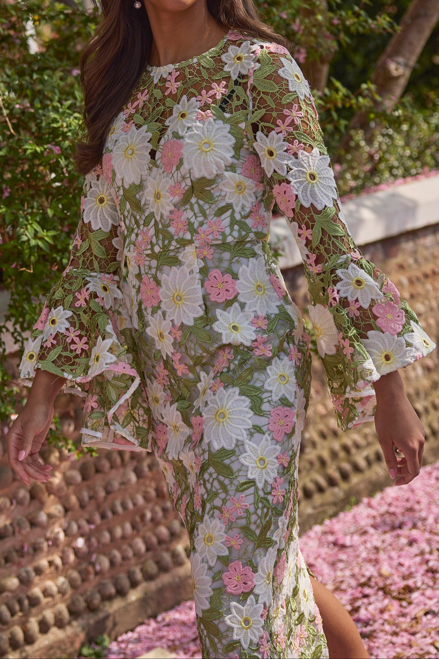 Scoop-Neck Long-Sleeves Multi-Color Jacquard Tea-Length Mermaid Wedding Guest Dress