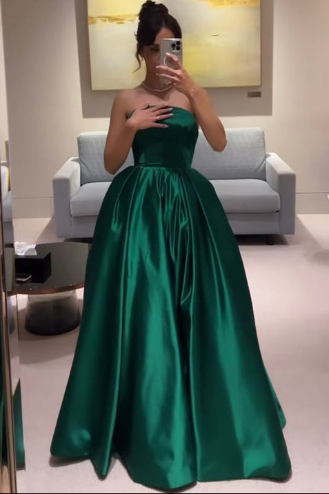 Simple Tube Top Off-Shoulder Sleeveless Satin Pleated Floor-Length A-Line Prom Dress