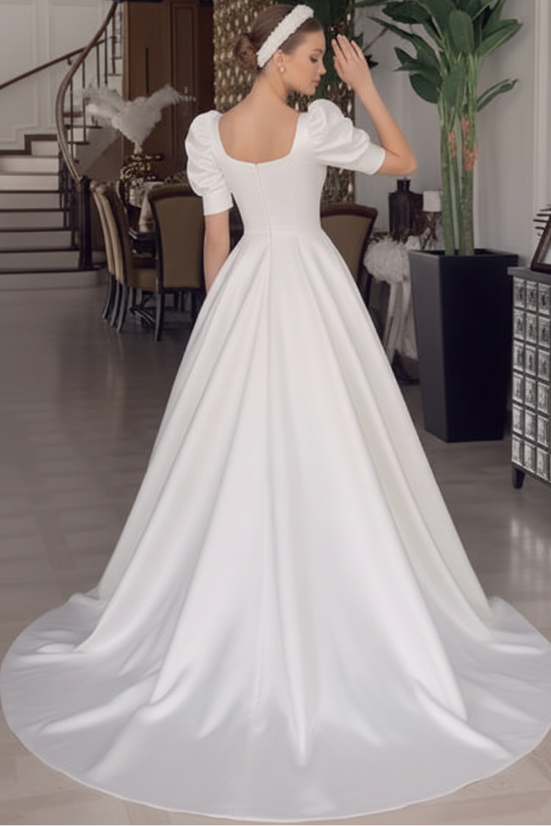 Square-Neck Short-Bell-Sleeves Satin Pleated A-Line Wedding Dress with Train