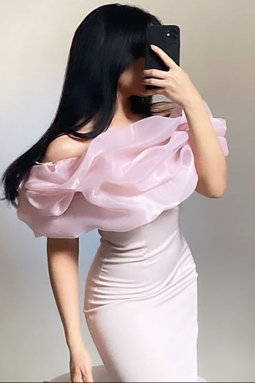 Bateau-Neck Off-Shoulder Sleeveless Stretch Satin&Chiffon Pleated Mermaid Prom Dress