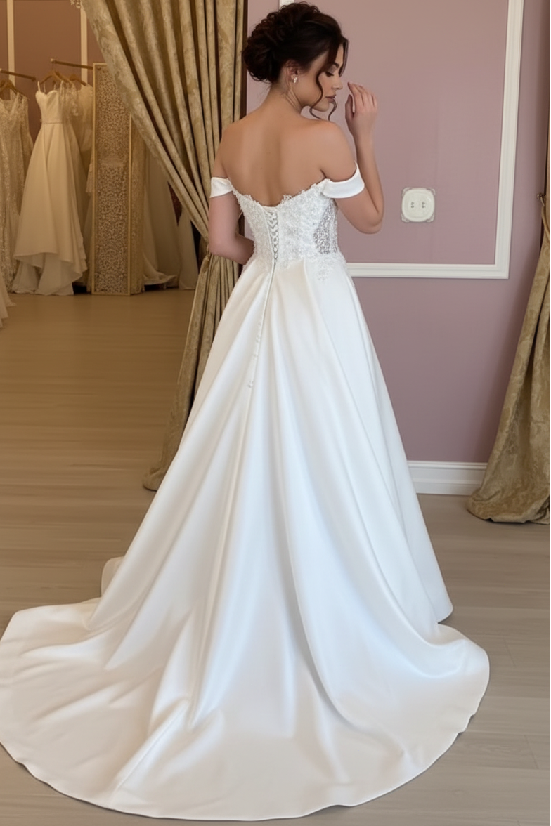 Sweetheart Sleeveless Sequined Beaded Satin Pleated High Slit A-Line Wedding Dress