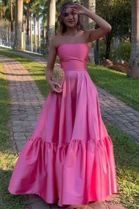 Tube Top Off-Shoulder Sleeveless Satin Pleated Floor-Length Simple A-Line Prom Dress