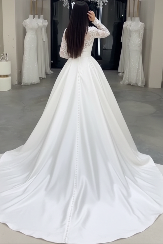 Collared Long-Sleeves Applique Lace&Satin Pleated A-Line Wedding Dress with Train