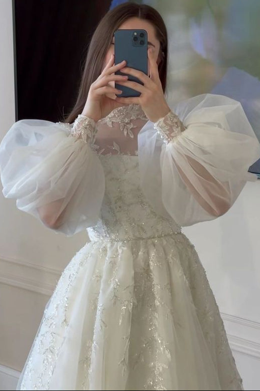 High-Neck Long-Puff-Sleeves Sequined Applique Tulle Pleated A-line Wedding Dress with Train