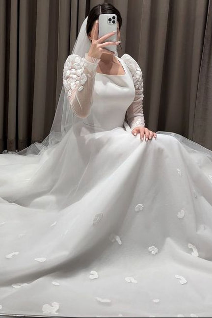 Square-Neck Long-Sleeves Floral Embellished Pleated Chiffon A-Line Wedding Dress