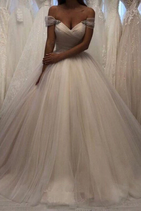 V-Neck Off-Shoulder Sleeveless Tulle Pleated Sheer Train A-Line Wedding Dress