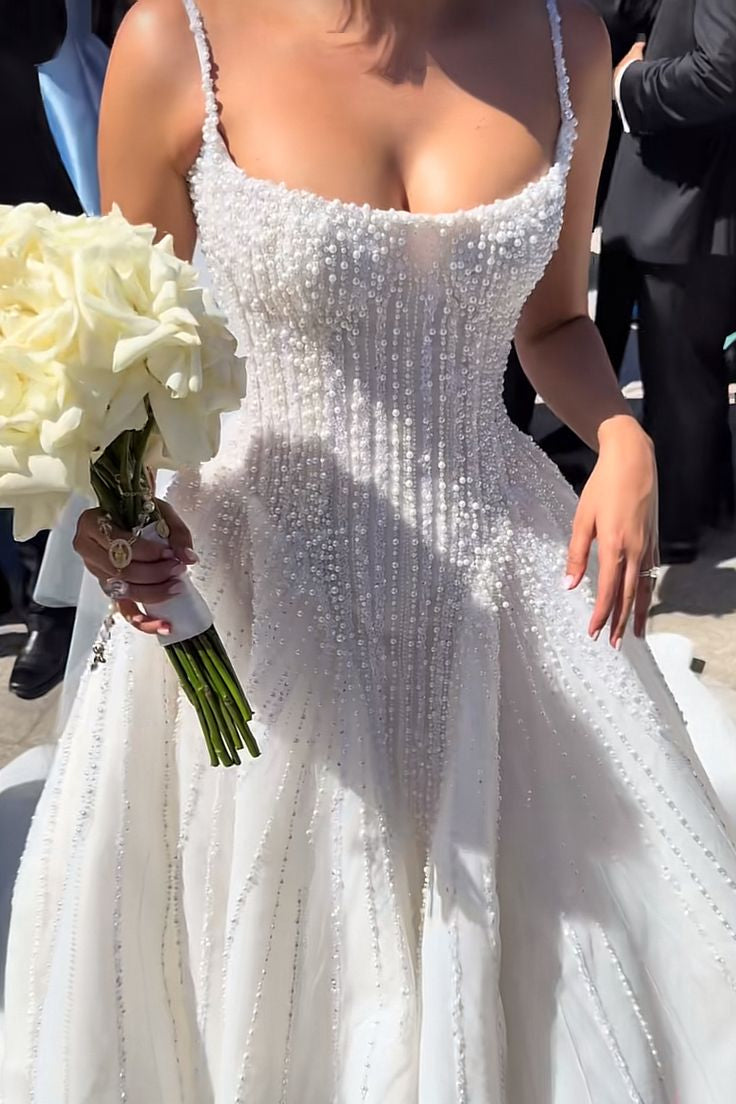 Scoop-Neck Spaghetti Straps Fully Sequined Beaded Chiffon Pleated A-Line Wedding Dress