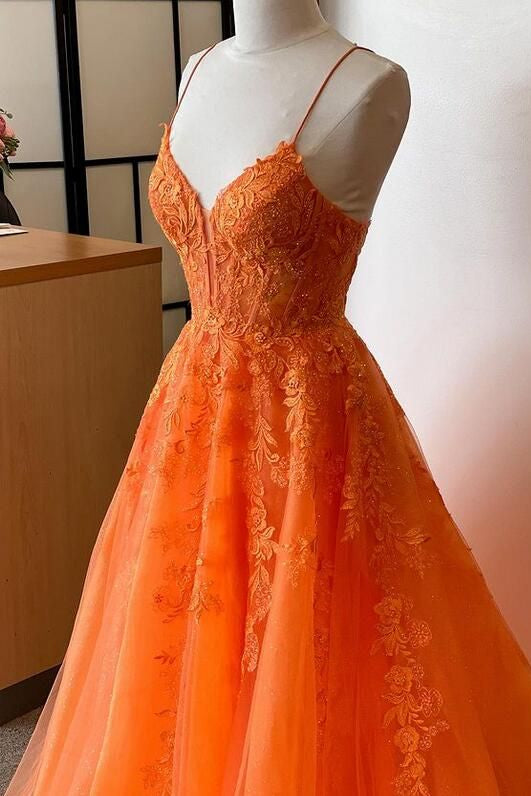 V-Neck Spaghetti Straps Sleeveless Floor-Length Applique Tulle Pleated A-Line Prom Dress