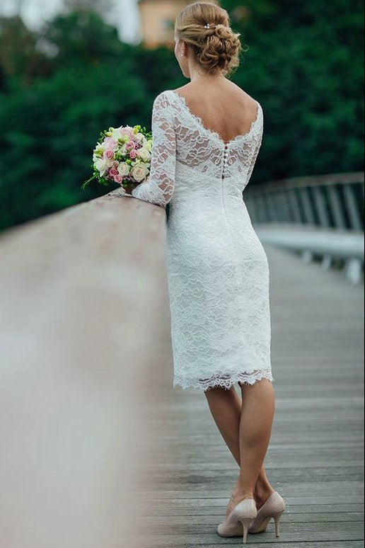Scoop-Neck Long-Sleeves Lace&Satin Sheer Pleated Short Mermaid Wedding Dress