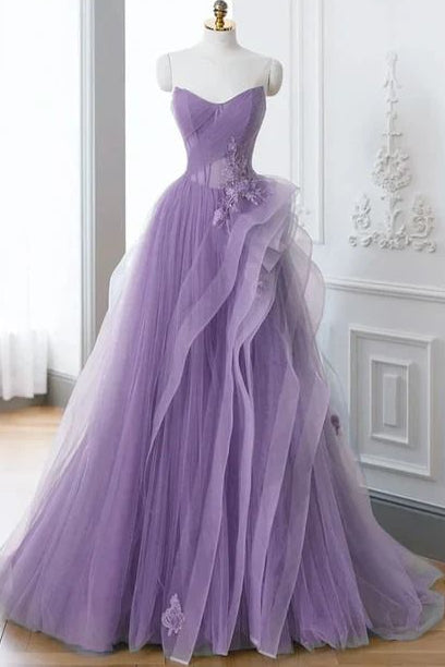 V-Neck Off-Shoulder Sleeveless Floor-Length Applique Ruffled Tulle Pleated A-Line Prom Dress