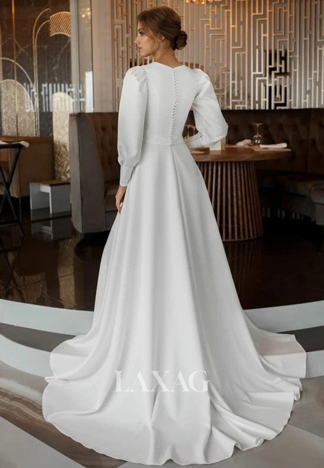 High Scoop-Neck Long-Sleeves A-Line Wedding Dress Pleated Satin Sweep Train Bride Gowns