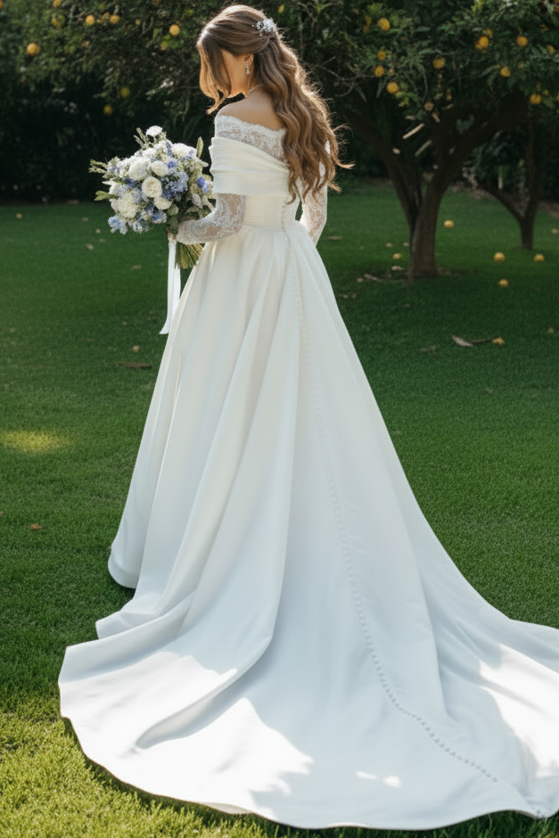 Bateau-Neck Long-Sleeves Satin&Lace Pleated A-Line Wedding Dress with Train