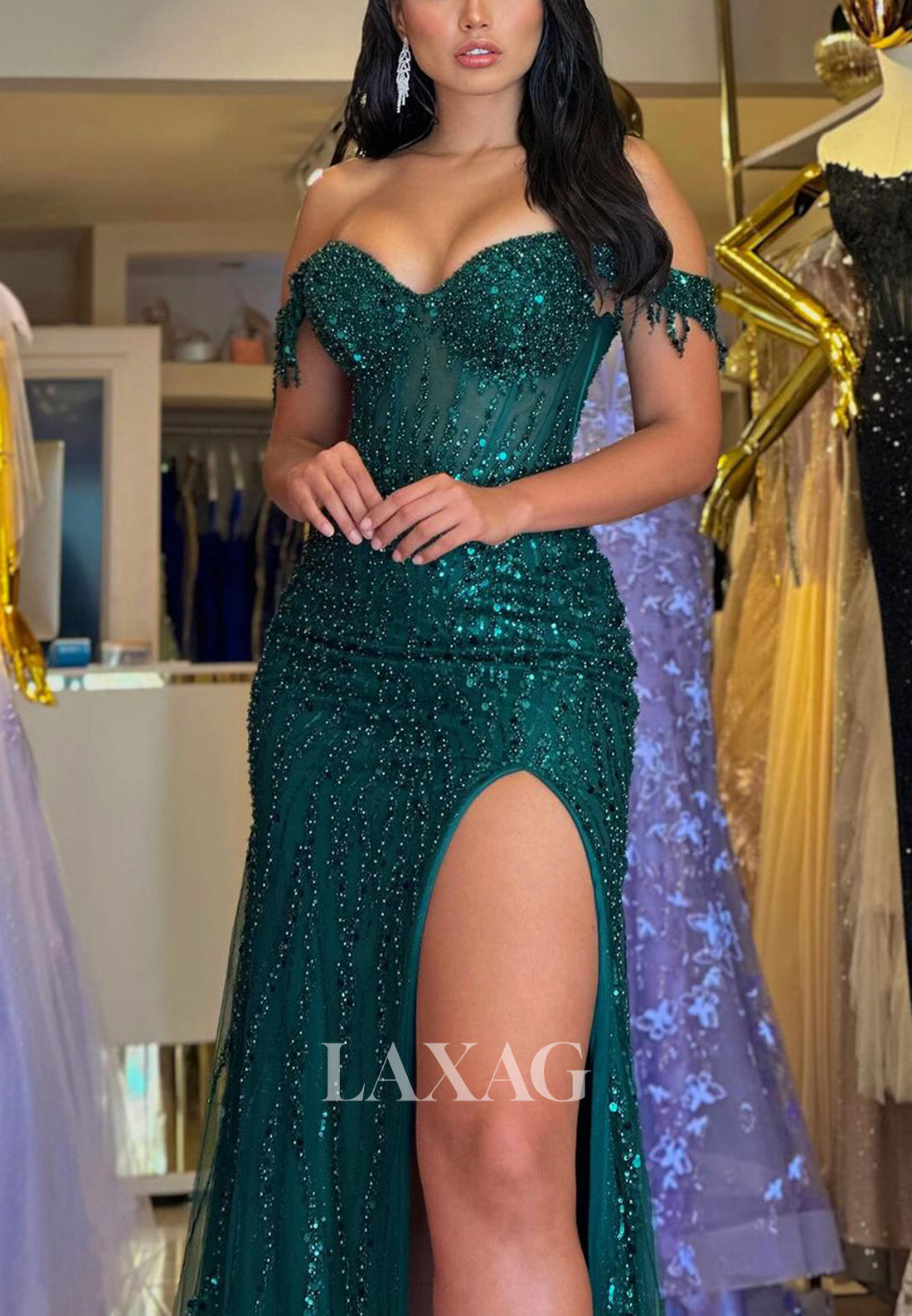 22115 - Off-Shoulder V-Neck Beaded Sequins High Slit Sexy Prom Dress with Tulle Train