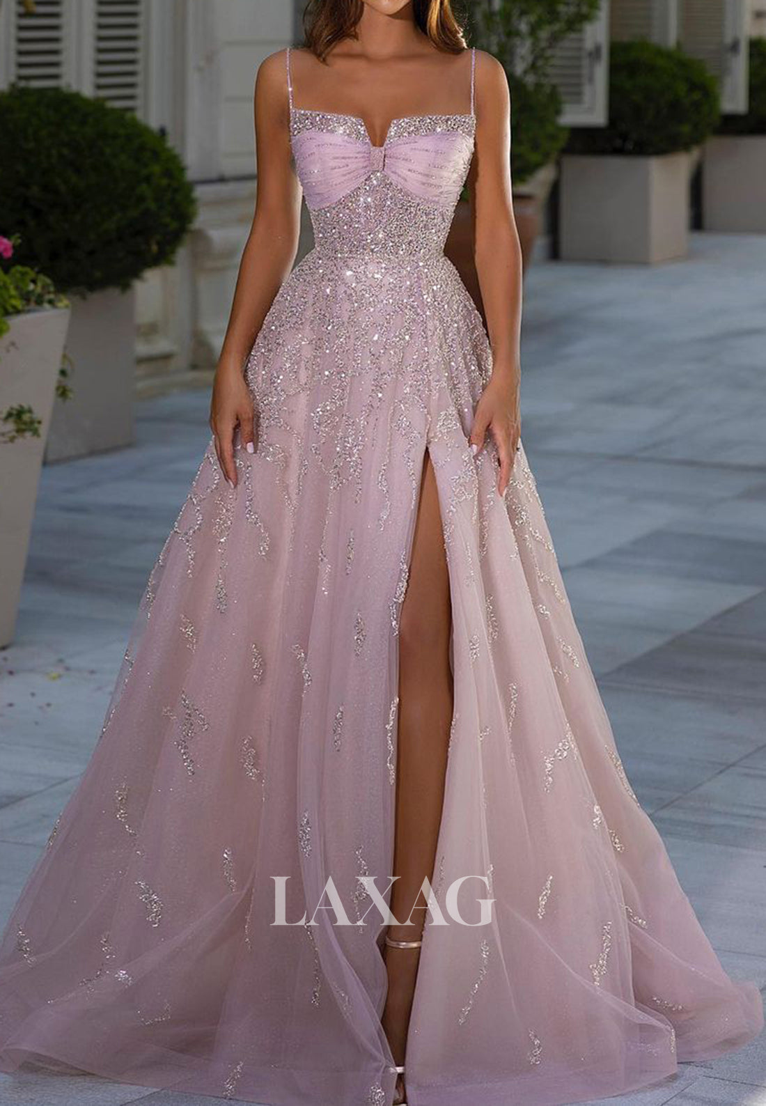 A-Line Tube Top Spaghetti Straps Sleeveless Prom Dress Sequined Pleated High Slit Tulle Formal Gowns