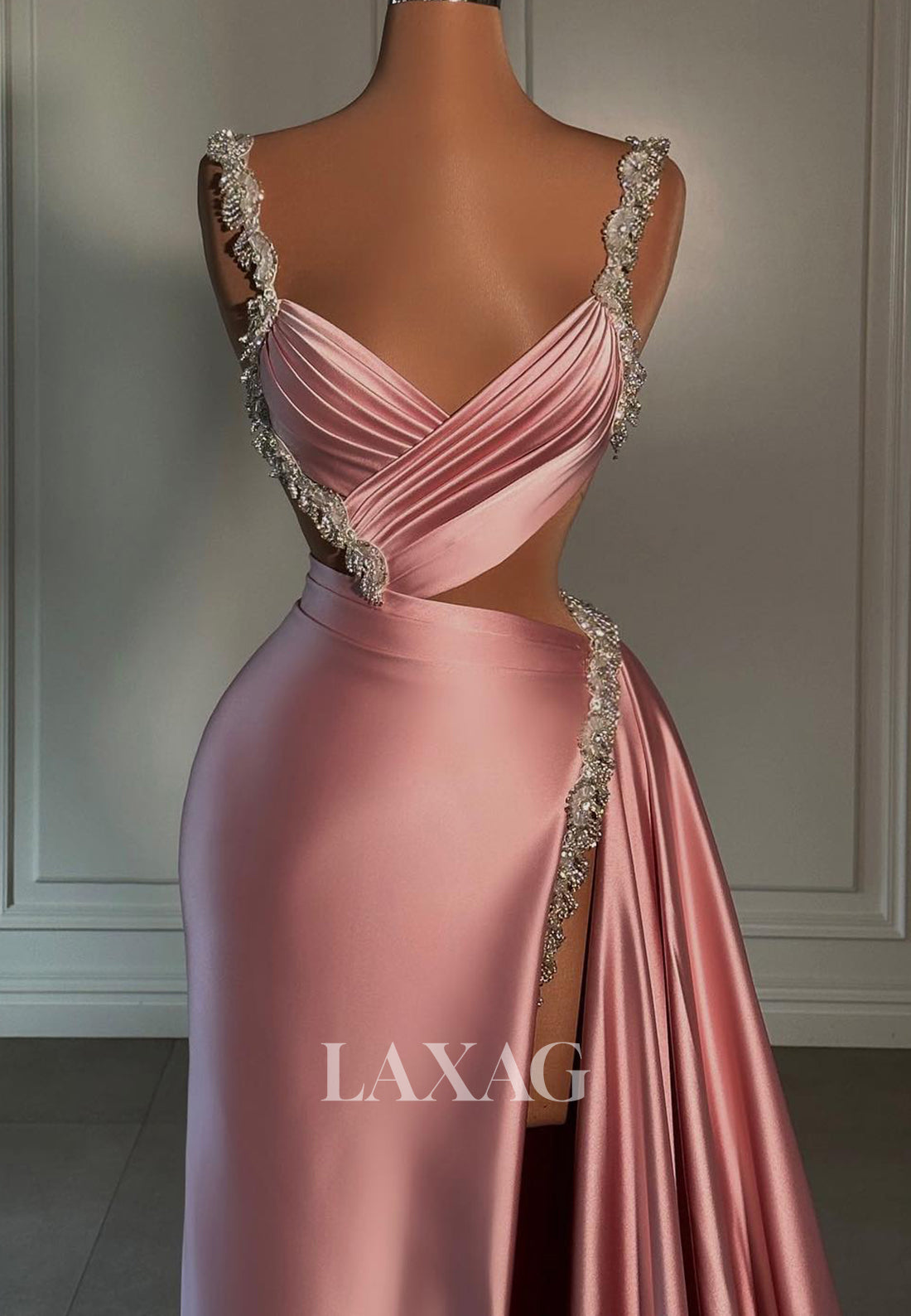V-Neck Beaded Spaghetti Straps Sleeveless Meramid Prom Dress Pleated Satin Sweep Train Party Gowns