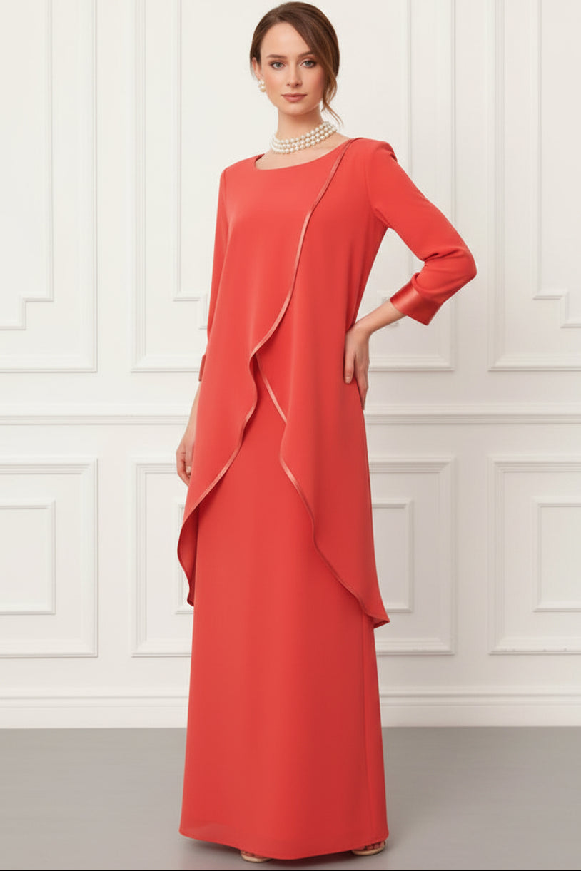 Scoop-Neck 3/4-Sleeves Beaded Chiffon Pleated Fitted Mother of the Bride Dress