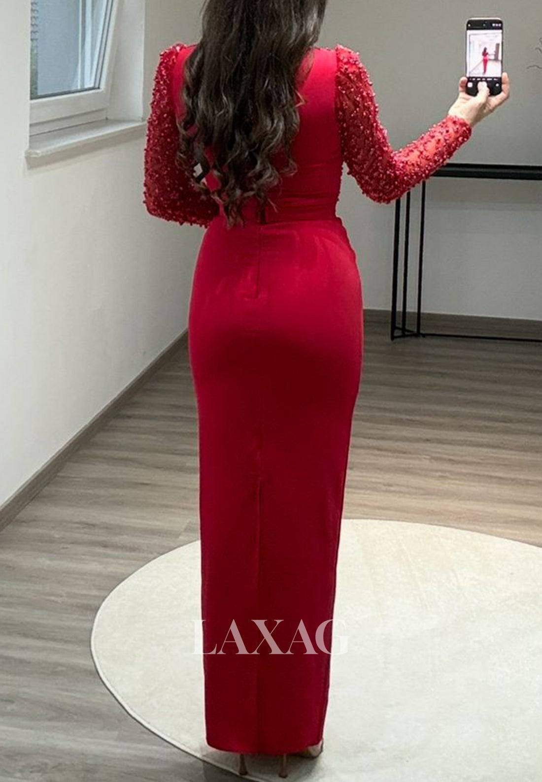 Scoop-Neck Beaded Sequined Floor-Length Party Gowns Long Sleeves Pleated Mermaid Prom Dress