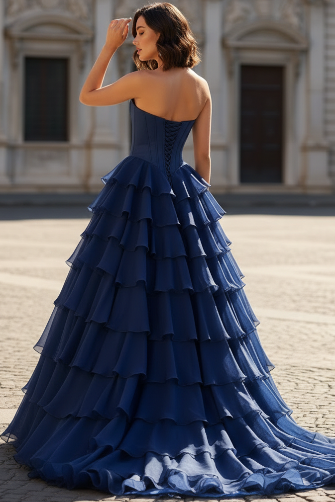 Bateau-Neck Sleeveless Beaded Chiffon Pleated Ruffled Tiered High Slit A-Line Prom Dress