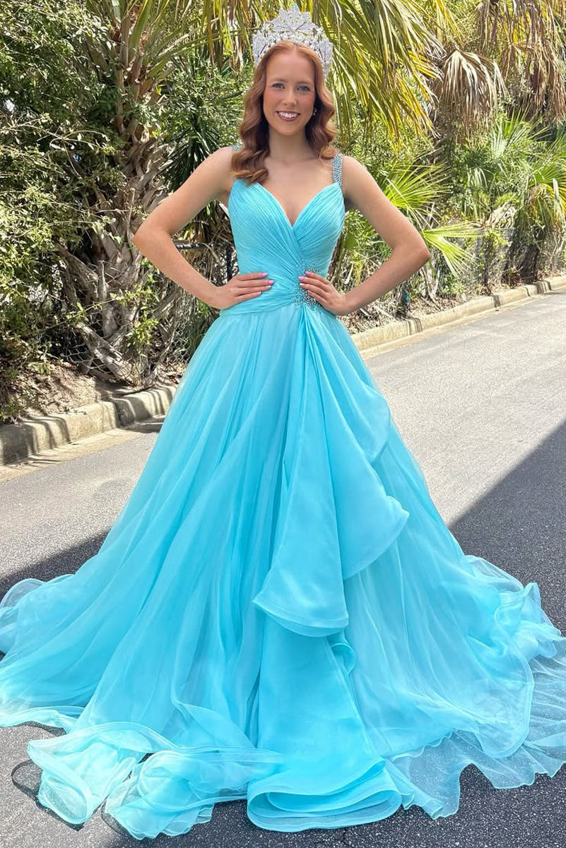 A-Line V-Neck Spaghetti Straps Sleeveless Chiffon Pleated Tiered Long Prom Dress