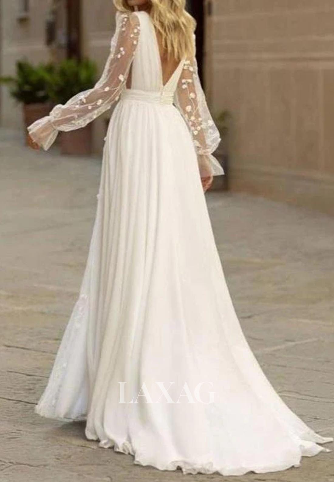 Deep V-Neck Pleated Sheer Chiffon A-Line Wedding Dress Tulle-Long-Sleeves Applique Bride Gowns
