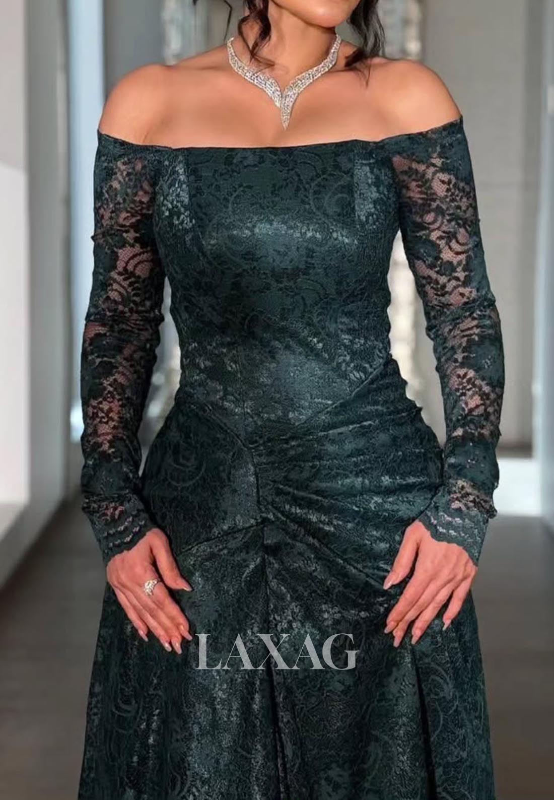 Bateau-Neck Long-Sleeves Allover Lace Formal Gowns Floor-Length Pleated Mermaid Evening Dress