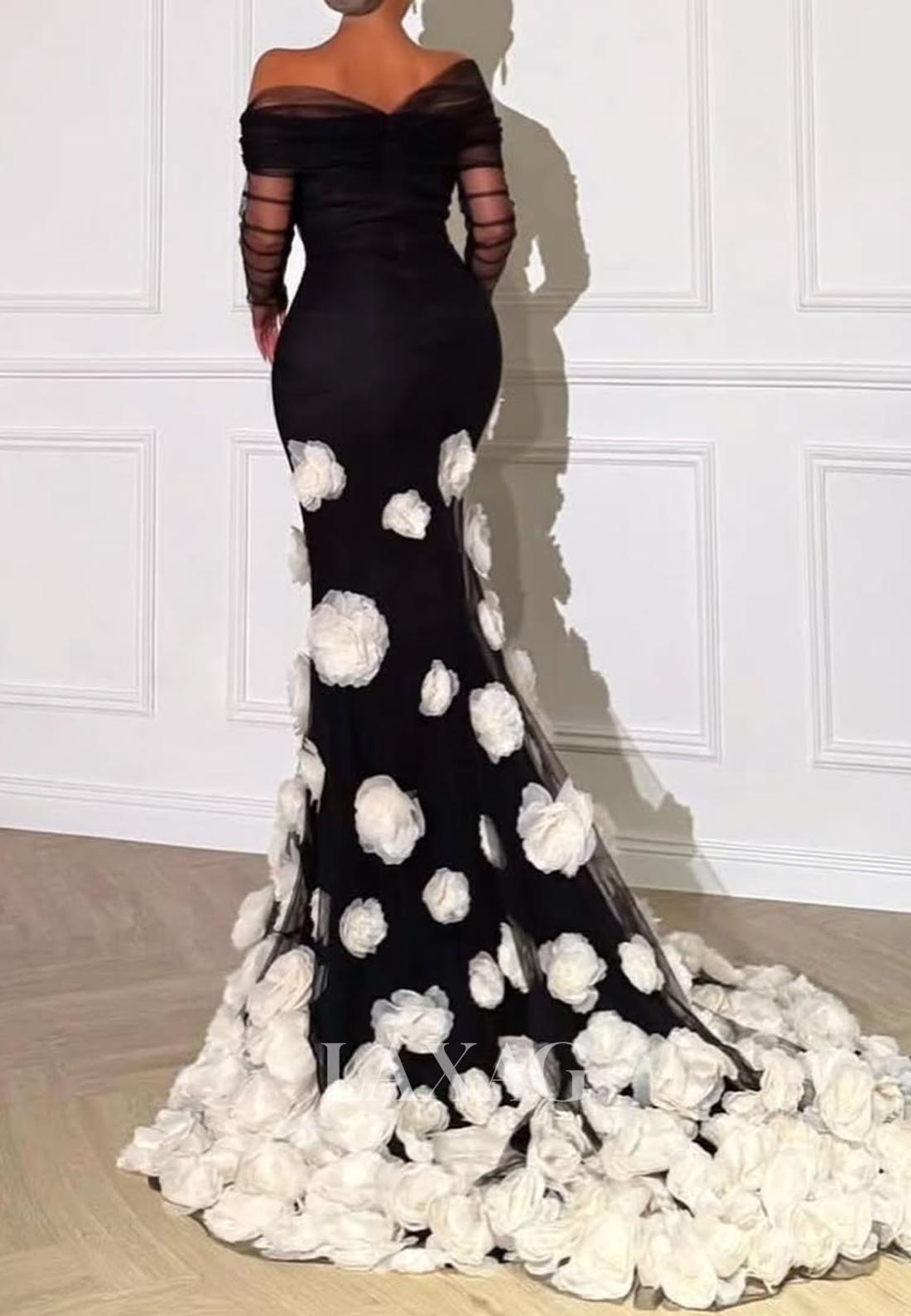 Tube Top Long-Tulle-Sleeves Mermaid Evening Dress Floral Embellished Floor-Length Formal Gowns