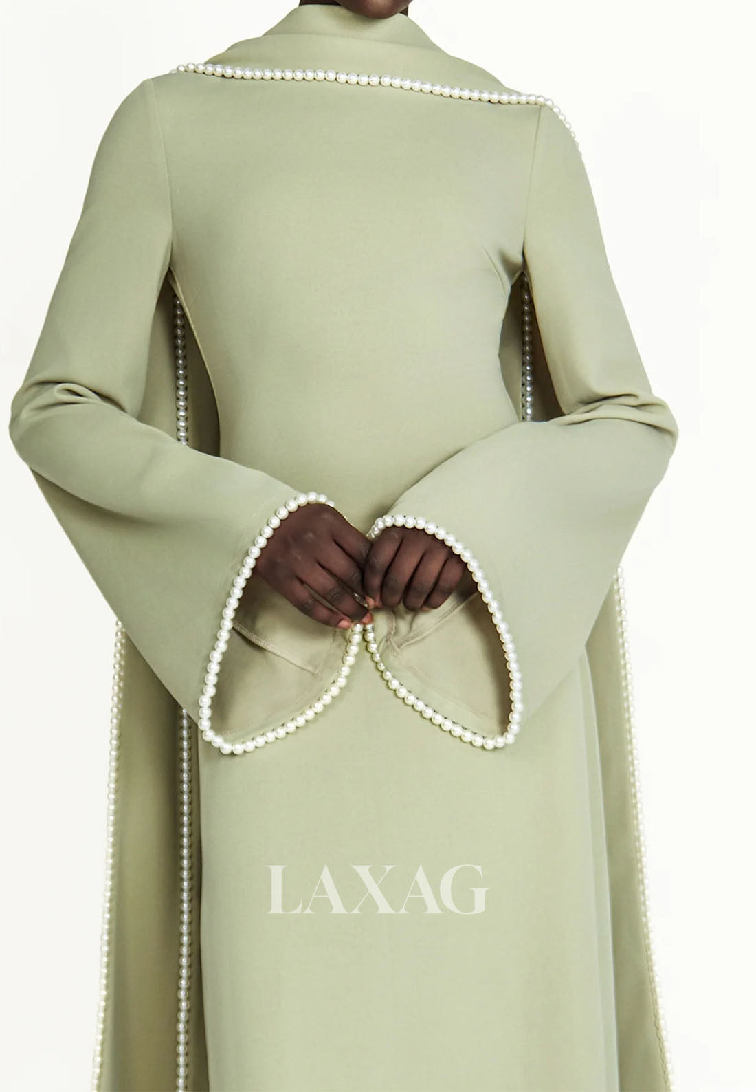 Scoop-Neck Long-Sleeves Pearls Satin Floor-Length Simple Fitted Formal Evening Dress with Overlay