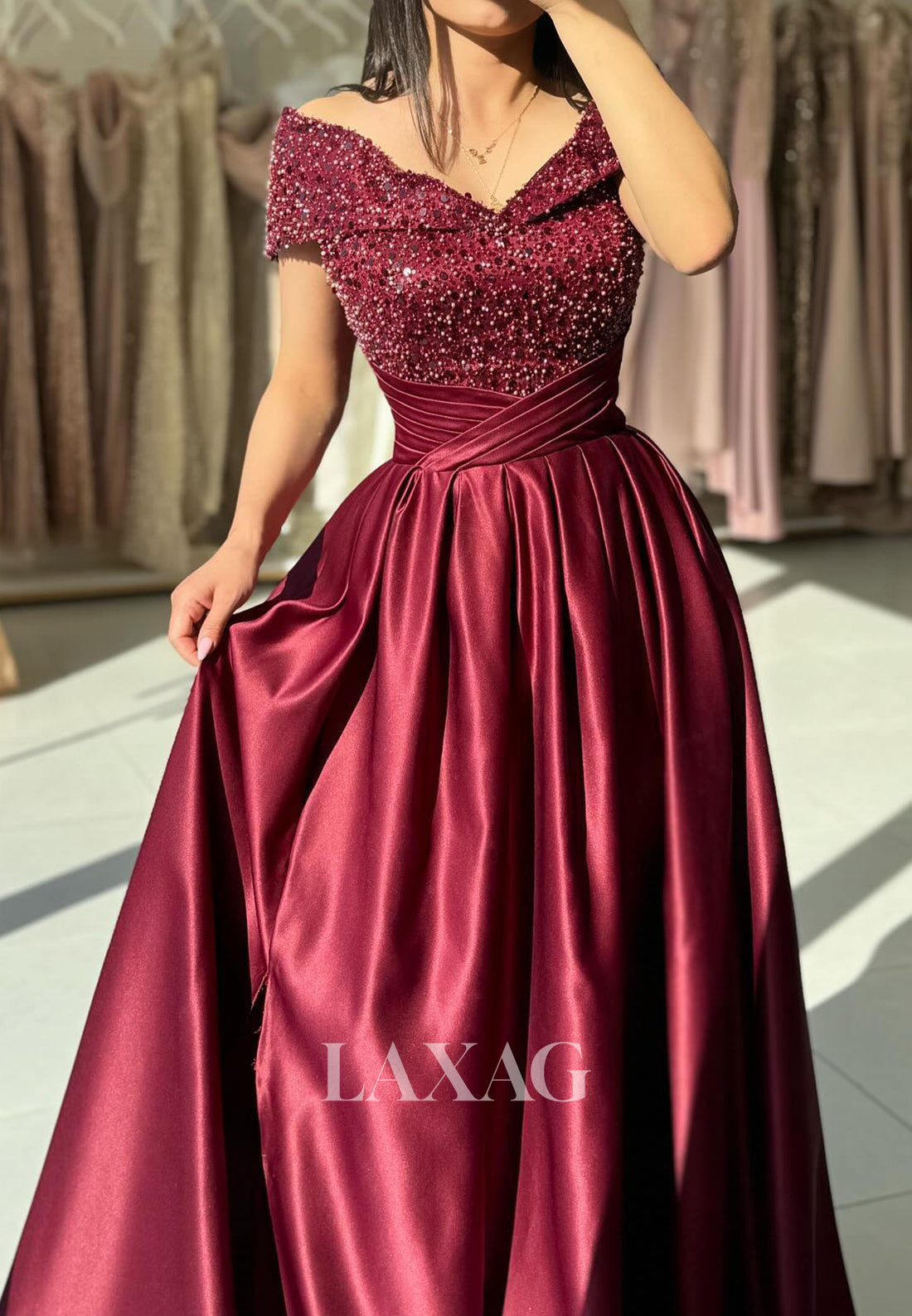 V-Neck Cap-Sleeves Pleated Satin A-Line Prom Dress Beaded Sequined Sweep Train Evening Gowns