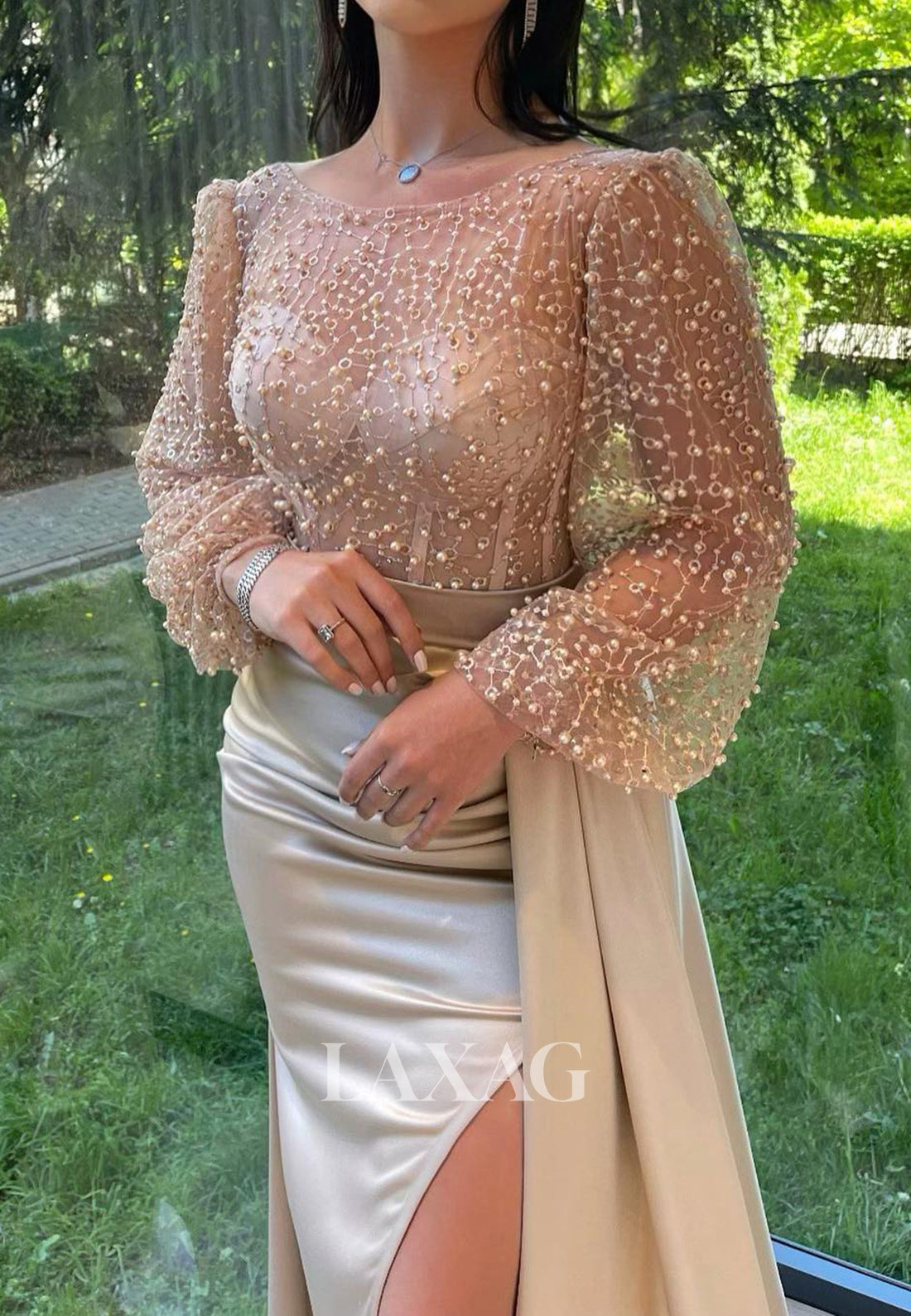 Long-Sleeves Scoop-Neck Pearl Sheer Mermaid Prom Dress Pleated Satin Sweep Train Evening Gowns