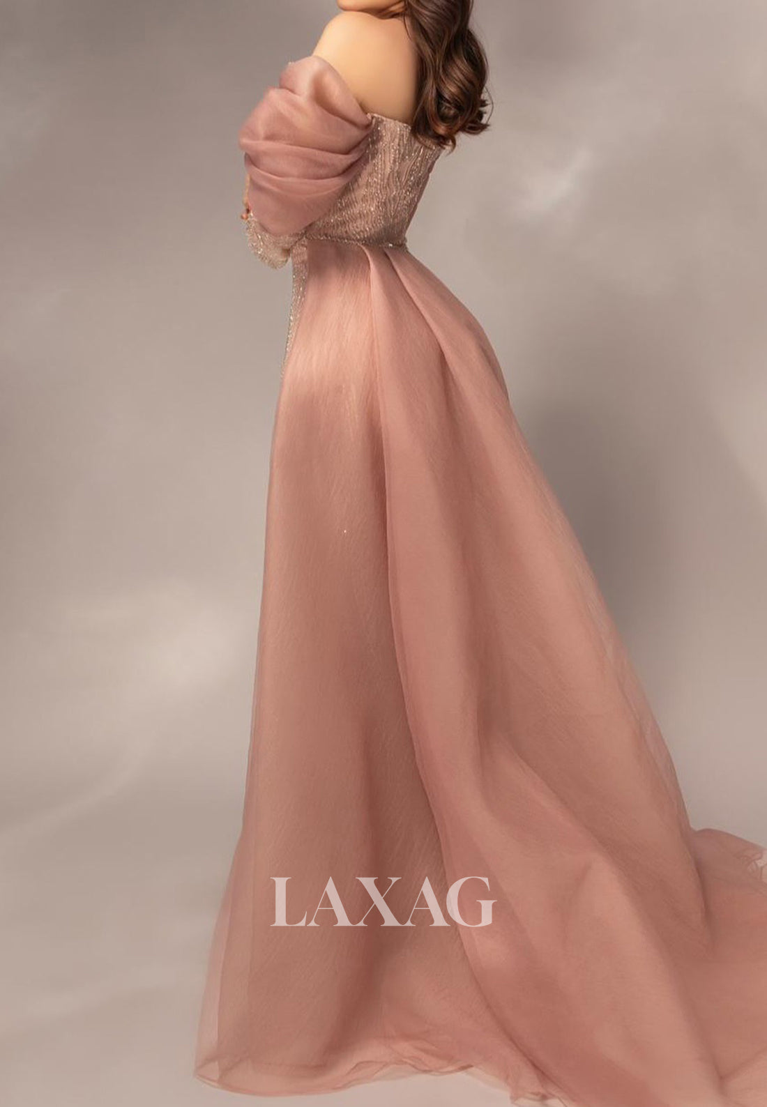 V-Neck Off-Shoulder Fully Sequined Formal Gowns Long-Sleeves Pleated Tulle Mermaid Prom Dress