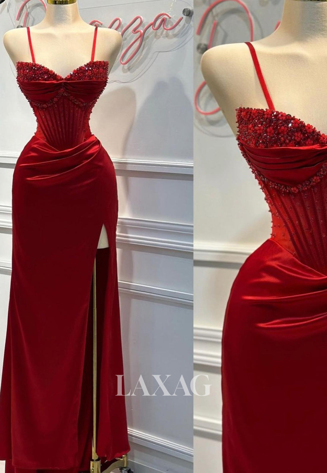 Spaghetti Straps Sweetheart Sleeveless Mermaid Prom Dress Beaded Sequined Pleated Formal Gowns