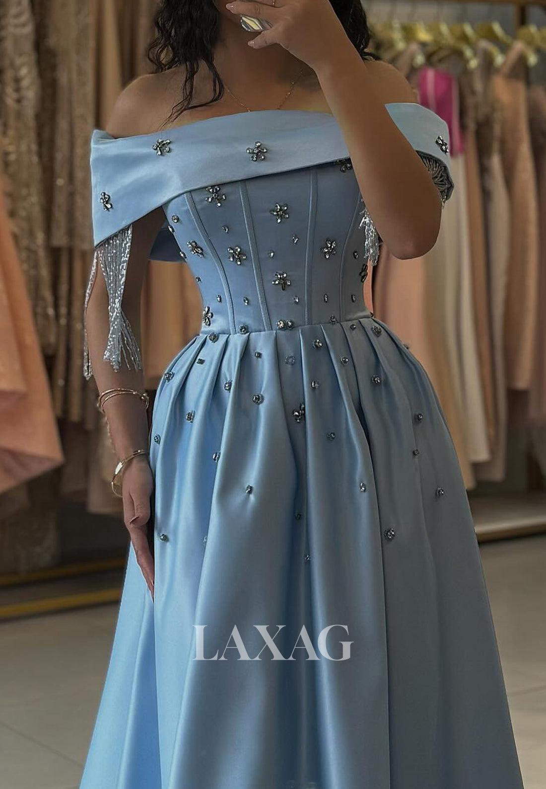 A-Line Tube Top Beaded Pleated Satin Formal Gowns Sleeveless Off-Shoulder Prom Dress with Sweep Train